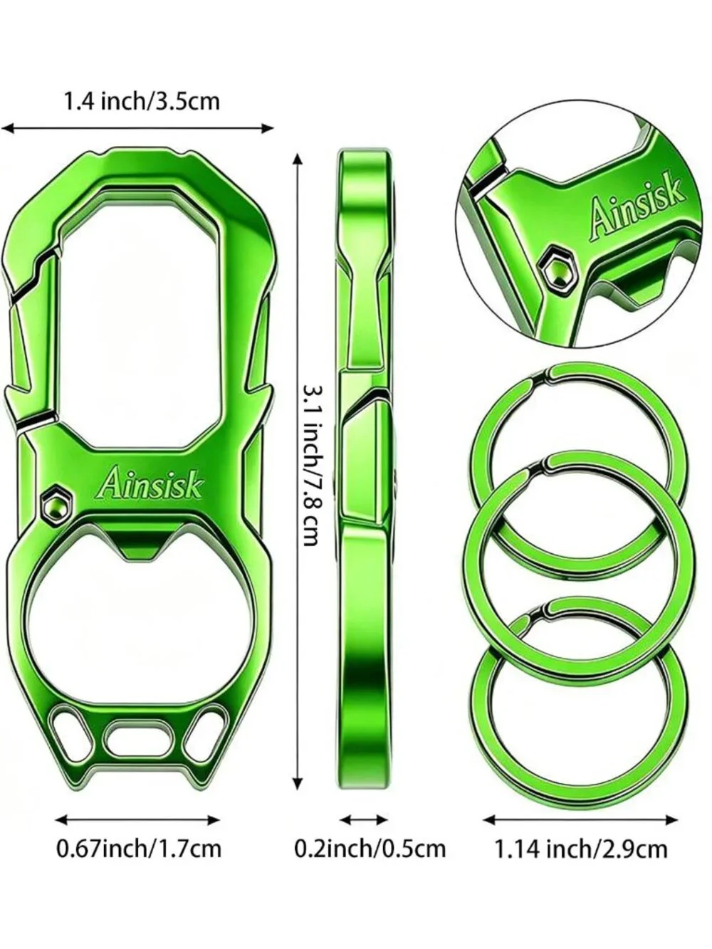 Tactical Carabiner Keychain with Bottle Opener & 3 Rings - Unisex Metal Clip